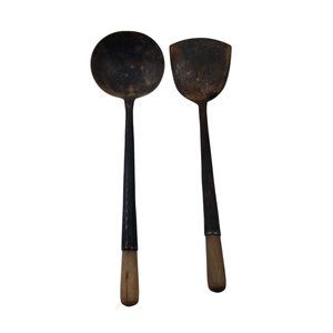 Primitive Hand Forged Ladle and Spatula Rustic Cooking Set Metal Wooden Handles